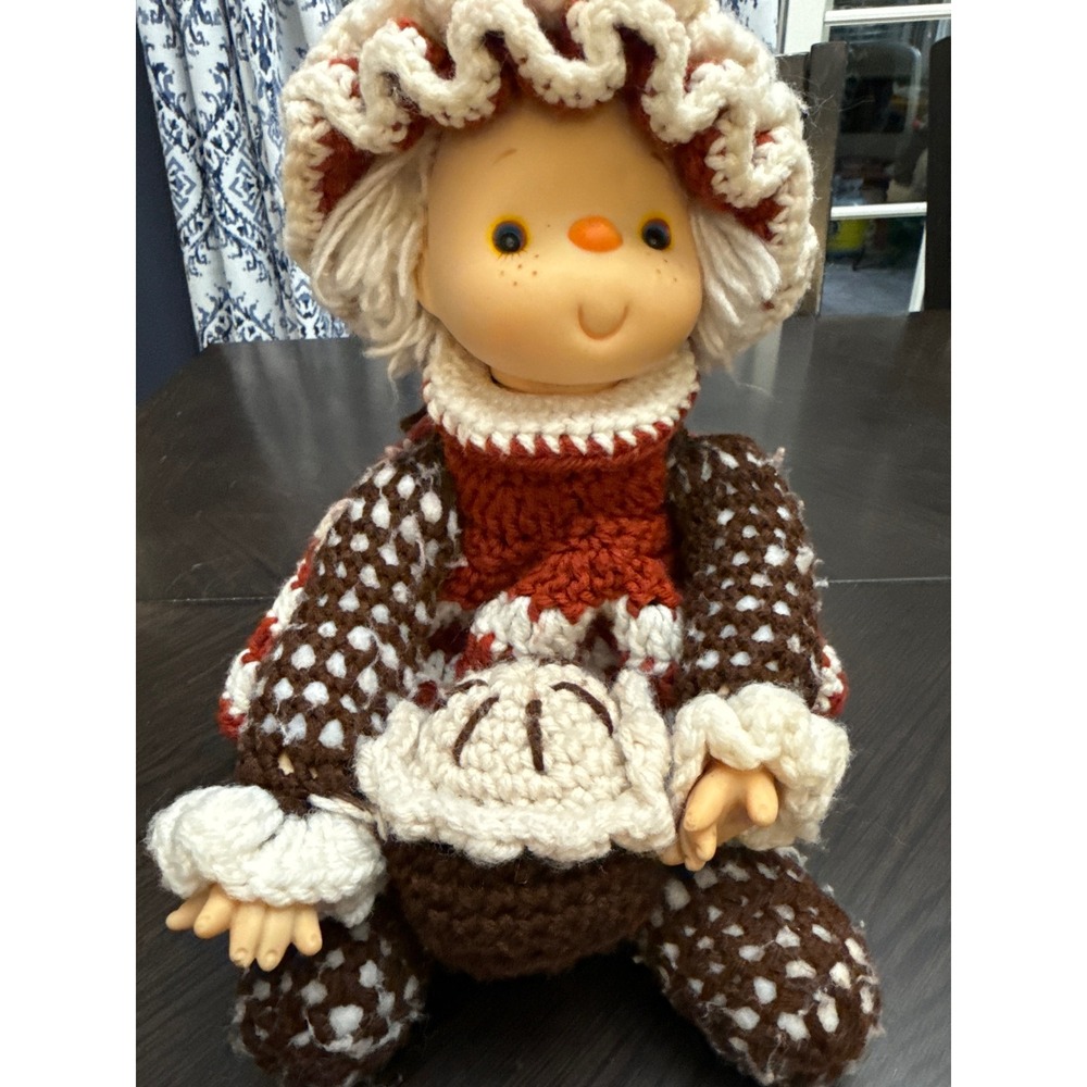 Vintage Style Handmade Crochet Doll Vinyl Face Brown Rust Cream 16 Inch